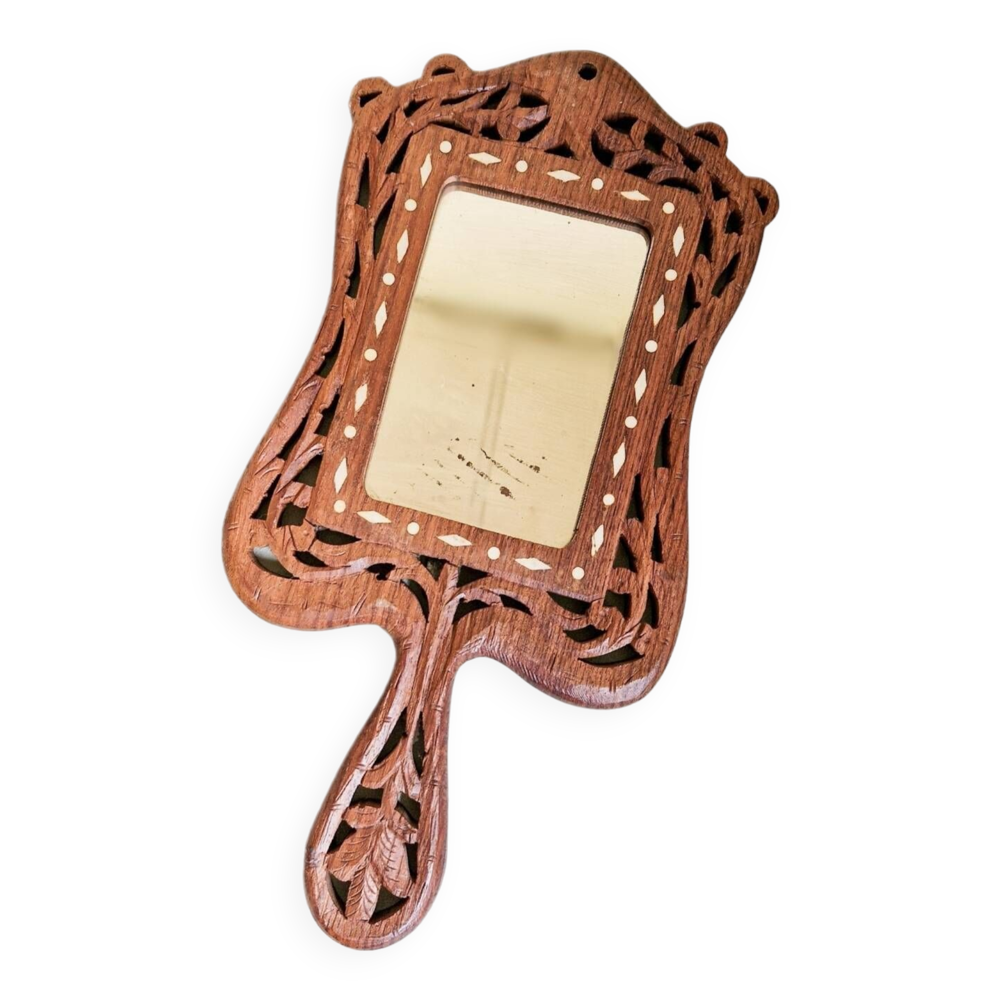 Vintage hand mirror in hand carved wood and bone inlay