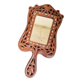 Miroir à main vintage en bois sculpté artisanal et incrustations os