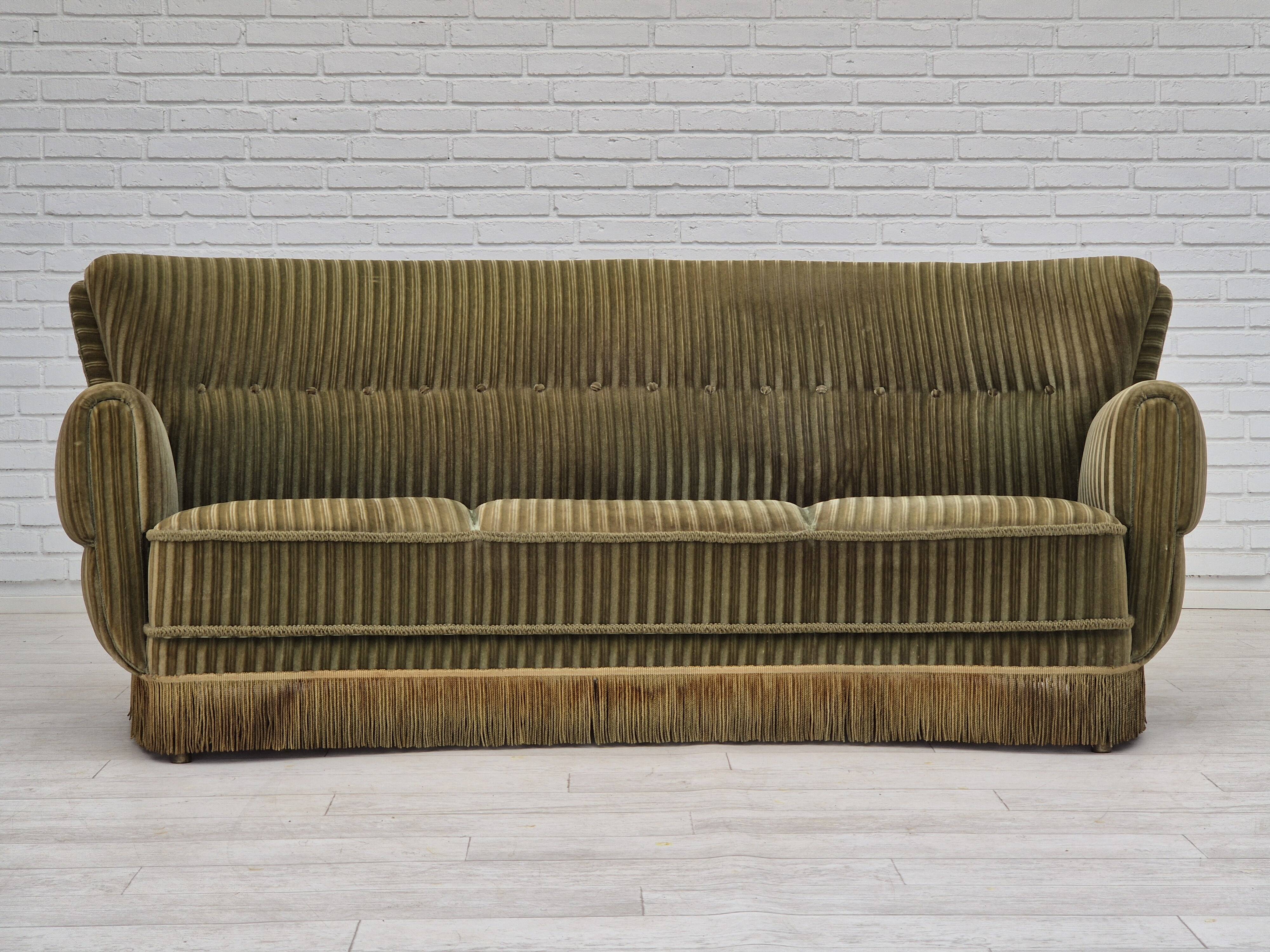 1960s, Danish 3-seater "Banan" sofa, original green velour.