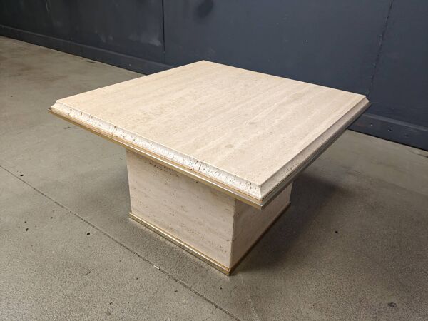 Table basse vintage en travertin et laiton par Fedam, années 1970
