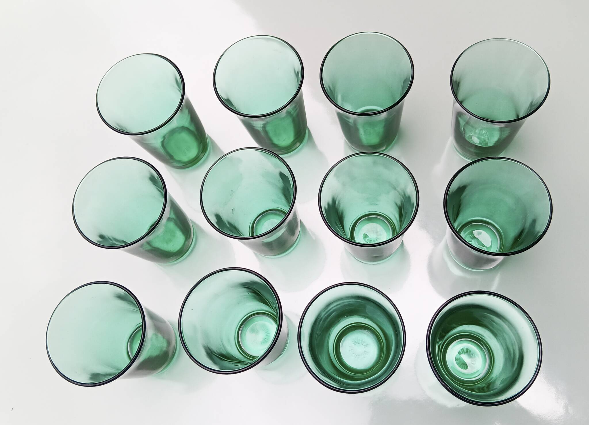 12 vintage Lesieur green glasses.