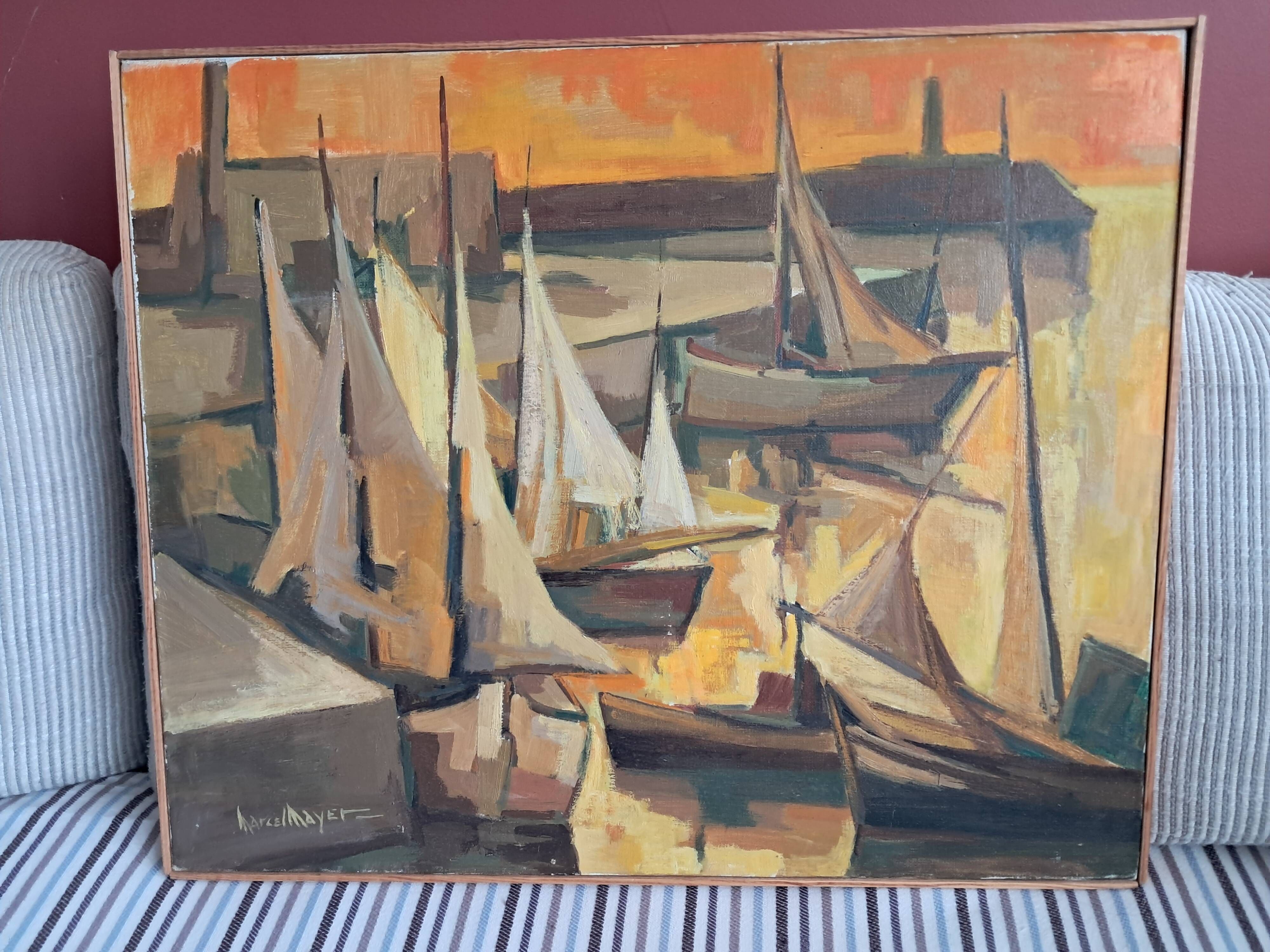An old oil painting depicting a port, signed by the painter Marcel MAYER.