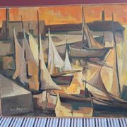 An old oil painting depicting a port, signed by the painter Marcel MAYER.