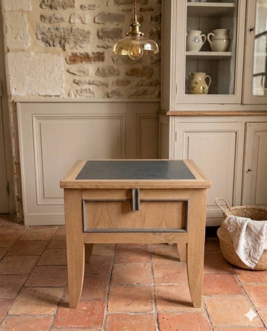 Table d'appoint, coffre en chêne massif