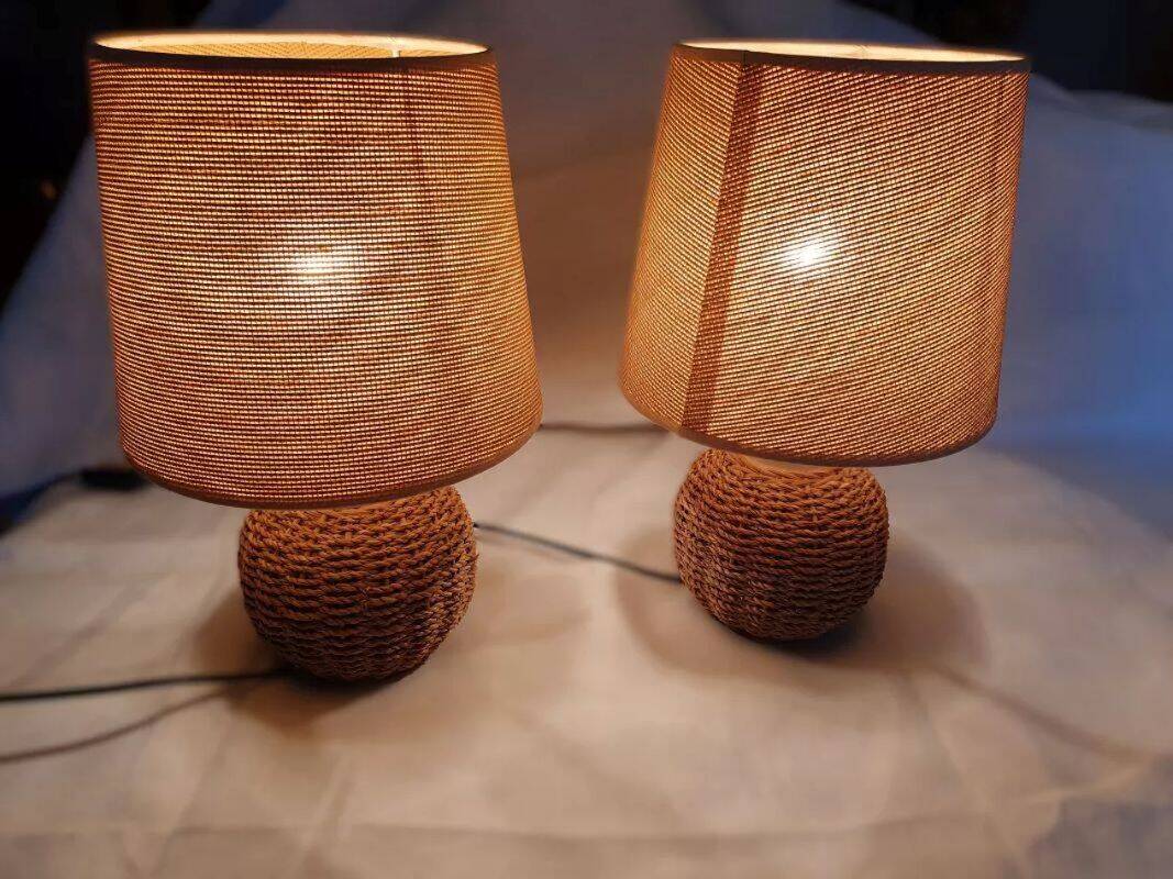 2 Small Vintage Braided Rope Lamps Height 32 cm