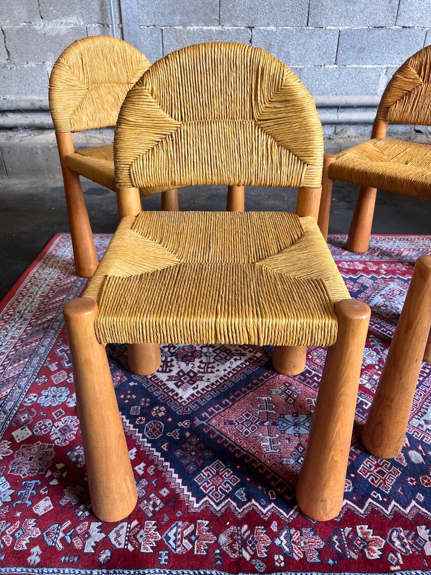 4 Toscanolla chairs in wicker and solid pine by alessandro becchi for giovanetti - italy - 1970