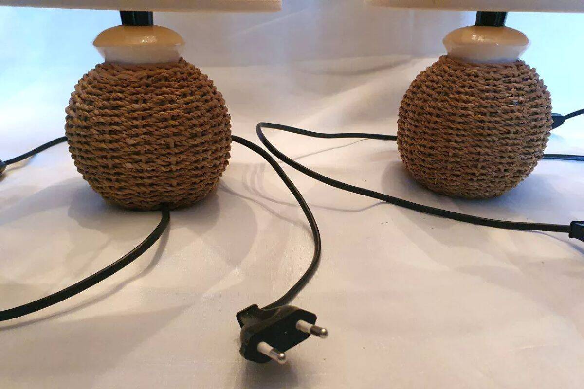 2 Small Vintage Braided Rope Lamps Height 32 cm