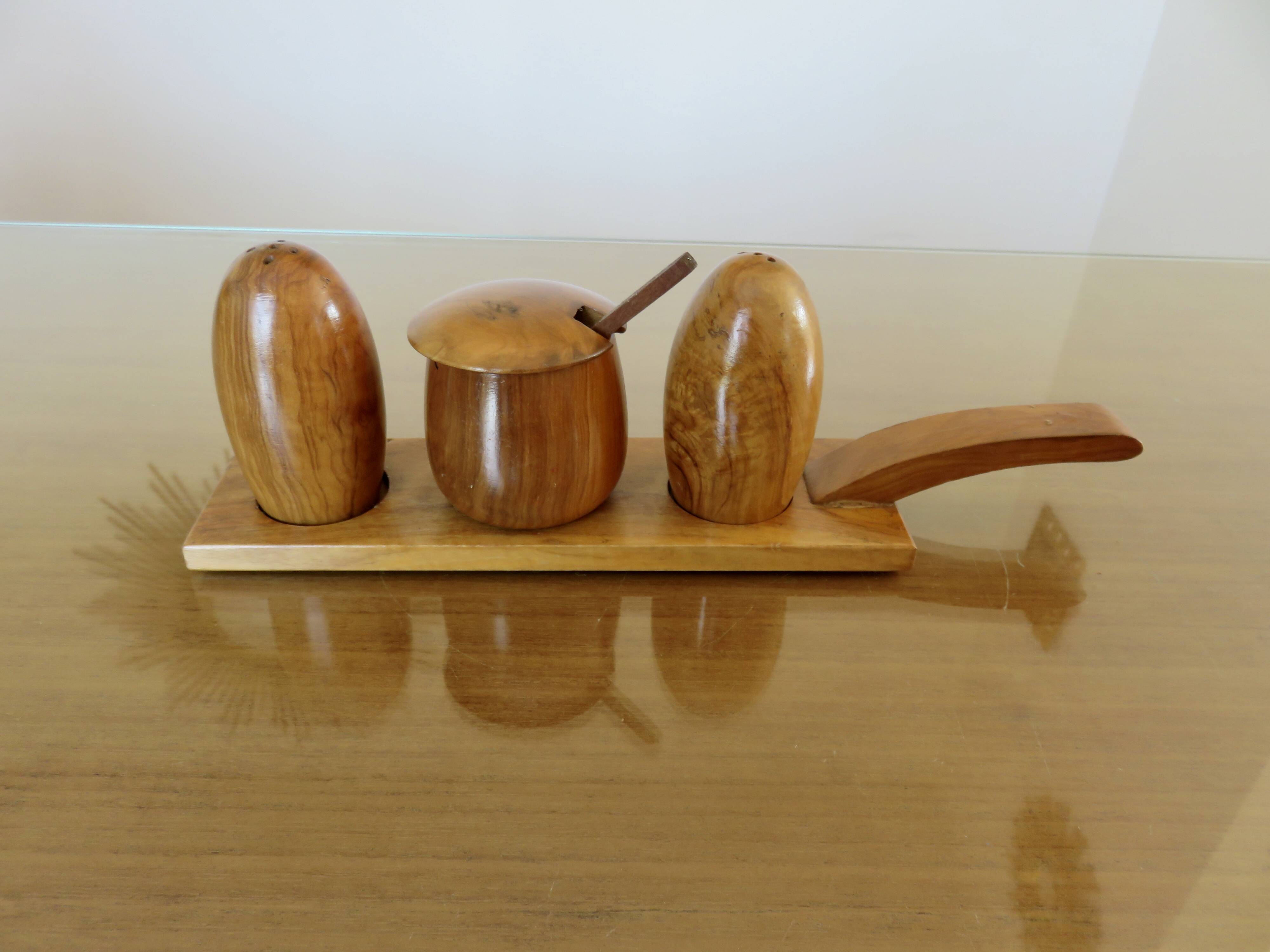 Scandinavian server, salt, pepper, mustard in teak 1960-70