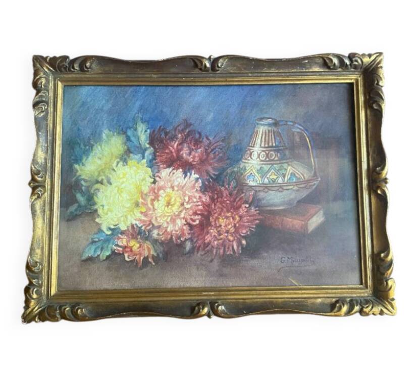 Tableau bouquet de Dalhias epoque 1900