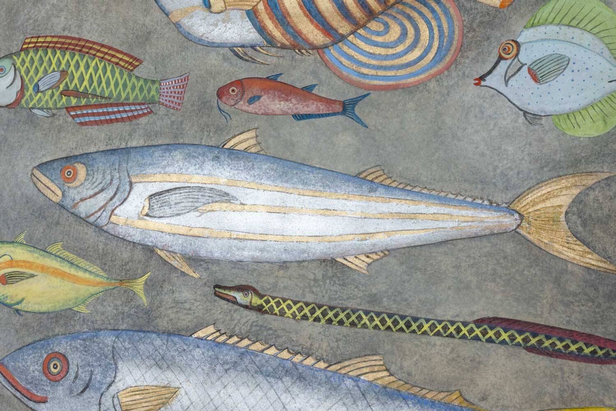 Painted canvas representing a board of fish. Contemporary work.