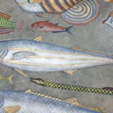 Painted canvas representing a board of fish. Contemporary work.