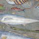Painted canvas representing a board of fish. Contemporary work.