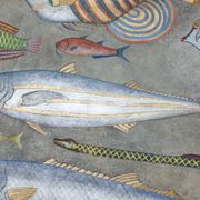 Painted canvas representing a board of fish. Contemporary work.