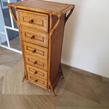 Semainier 6 tiroirs en bois, bambou et rotin tressé, années 60