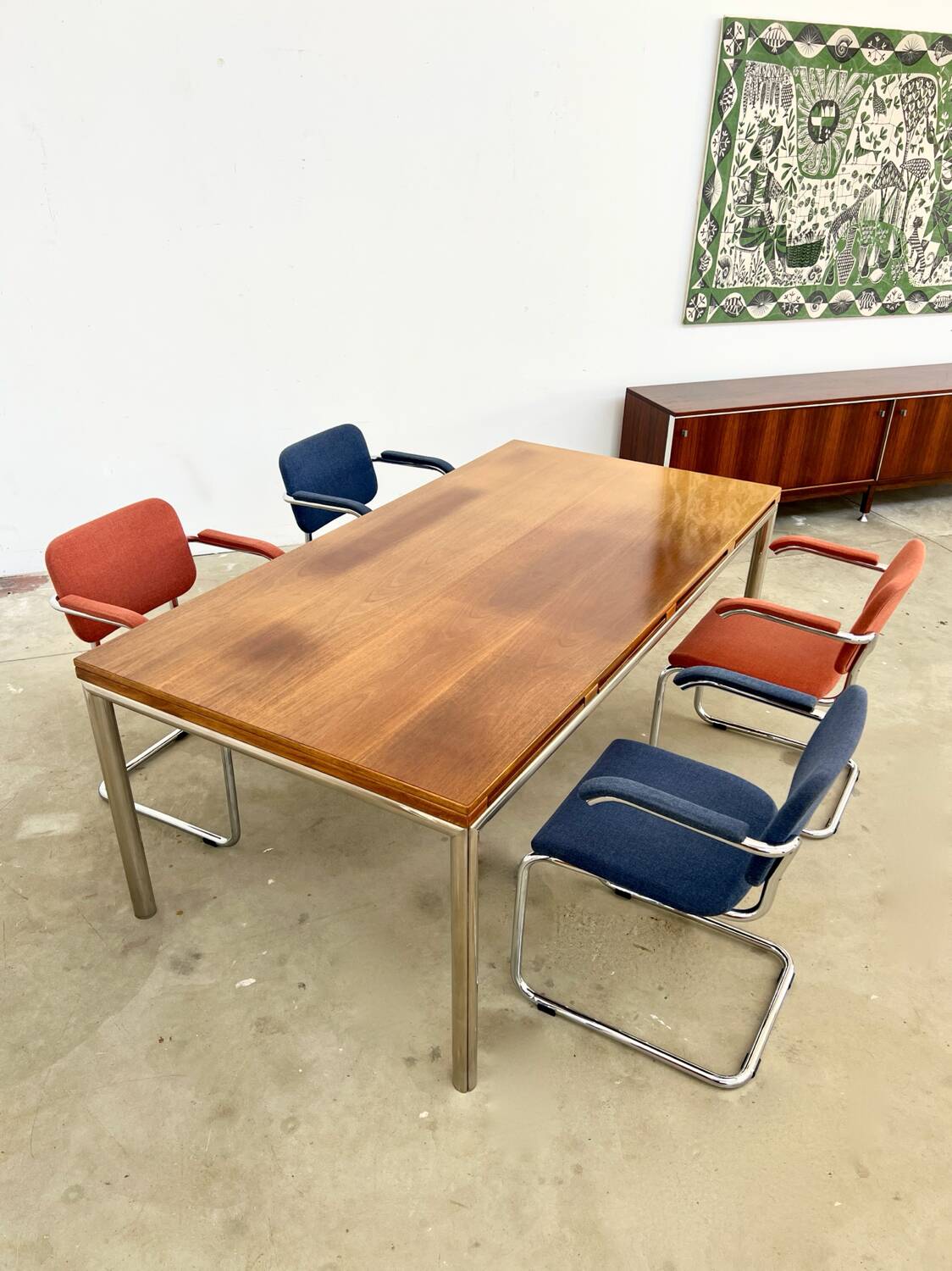 Italian walnut and chrome dining table with 4 drawers