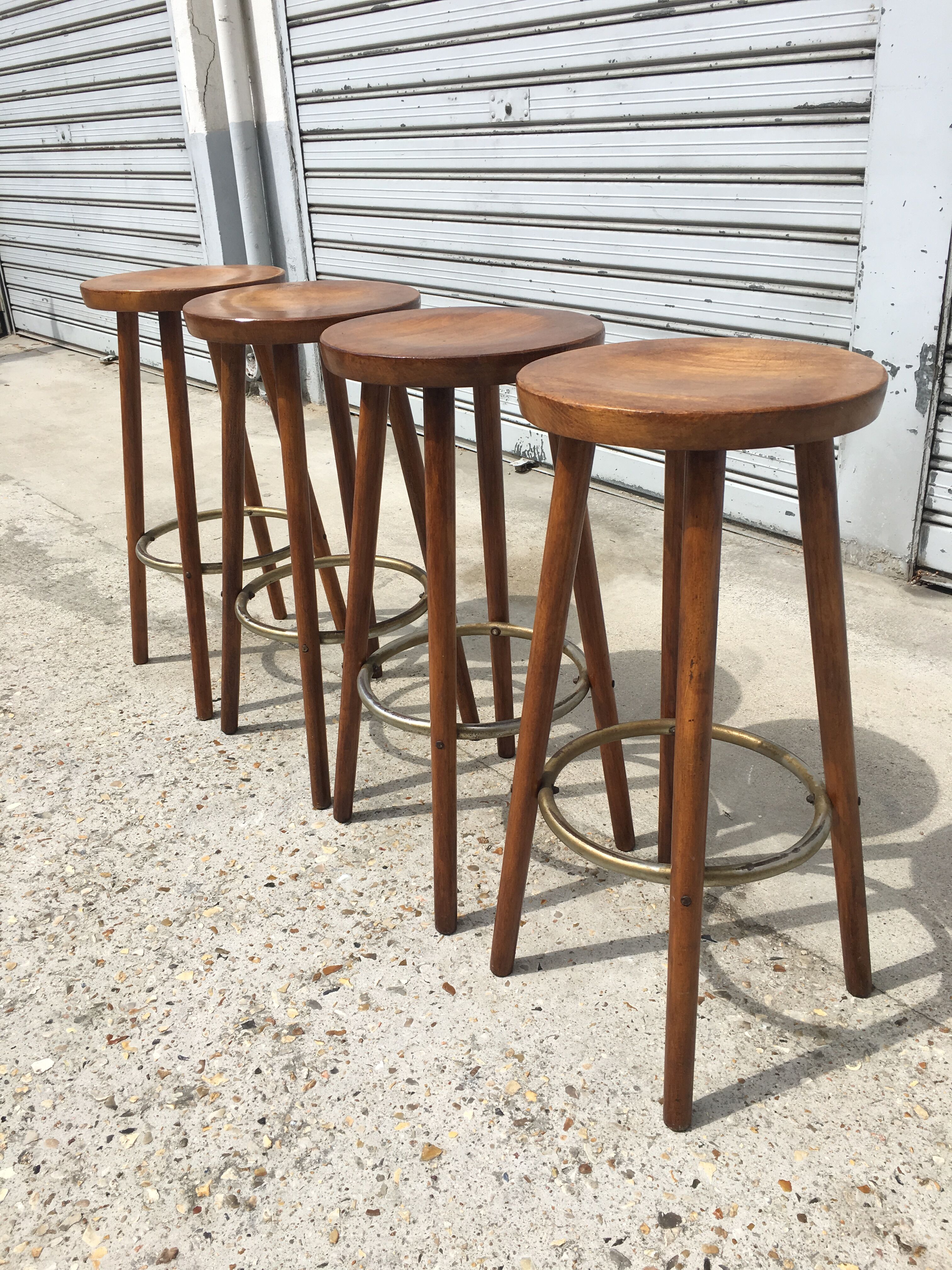 Set of 4 high solid wooden stools