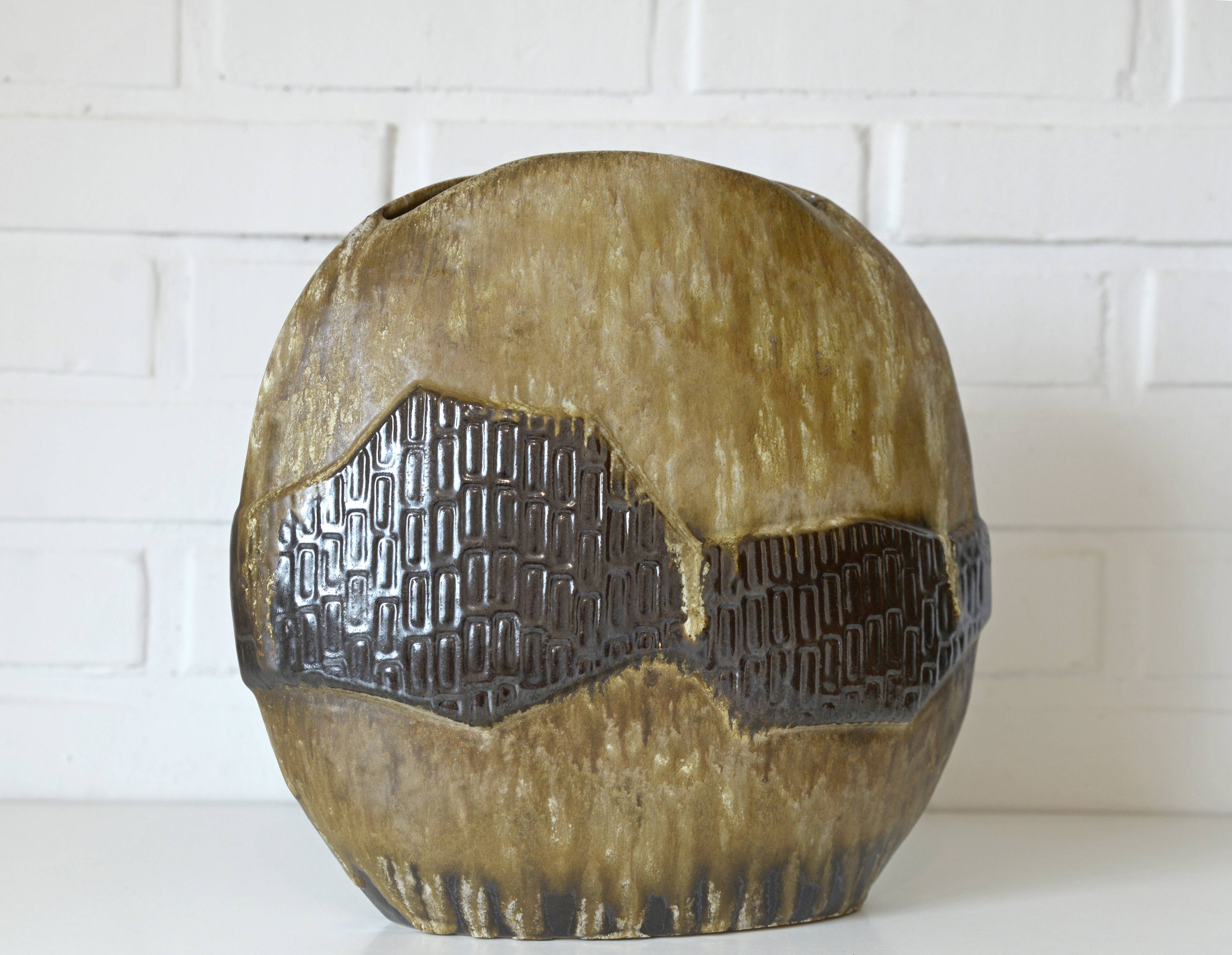 Vintage ceramic floor pampas grass vase brown fat lava pottery Germany 70's