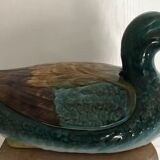 Central soup, dish and lid in polychrome enamelled ceramic, duck shape