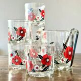 The service of 6 whiskey glasses with red flowers, with its bucket and its ice cube tongs.