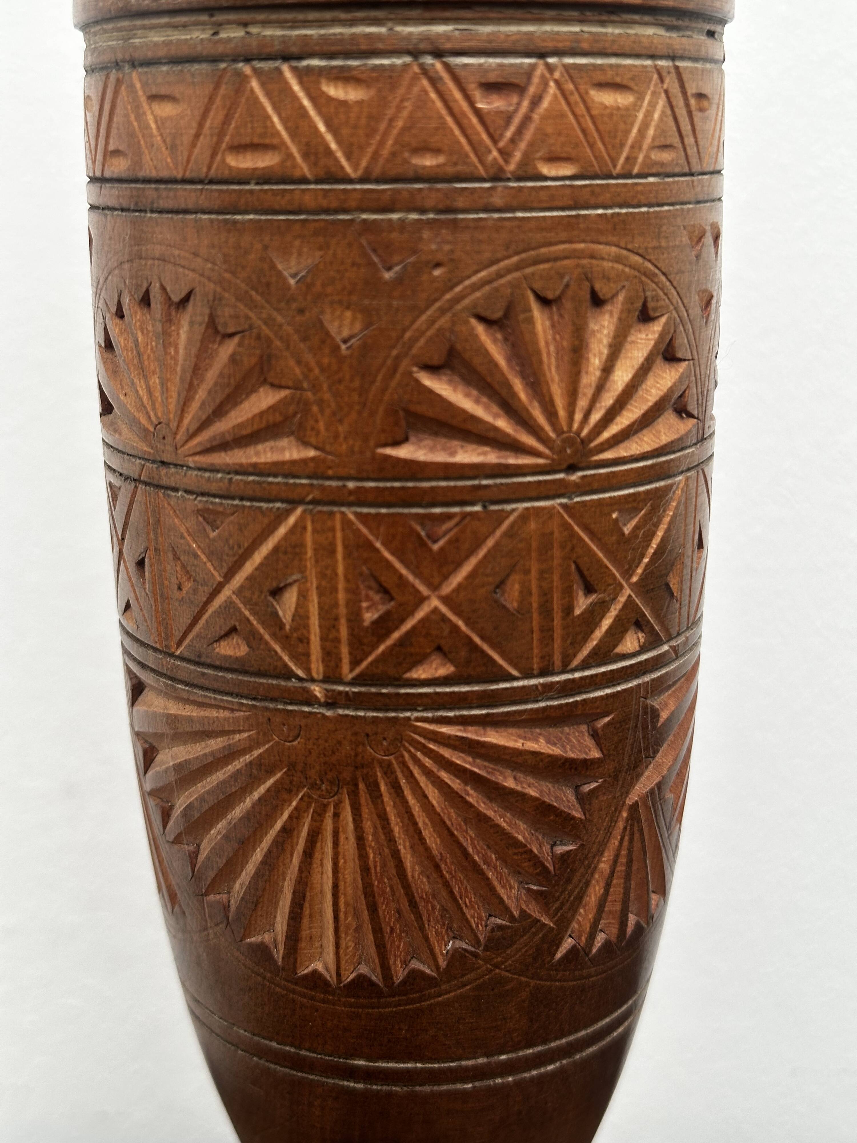 Turned and carved wooden vase, mid-20th century