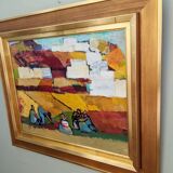 Mid-Century Modern Swedish "On the Fields" Vintage Swedish Figurative Oil Painting, Framed