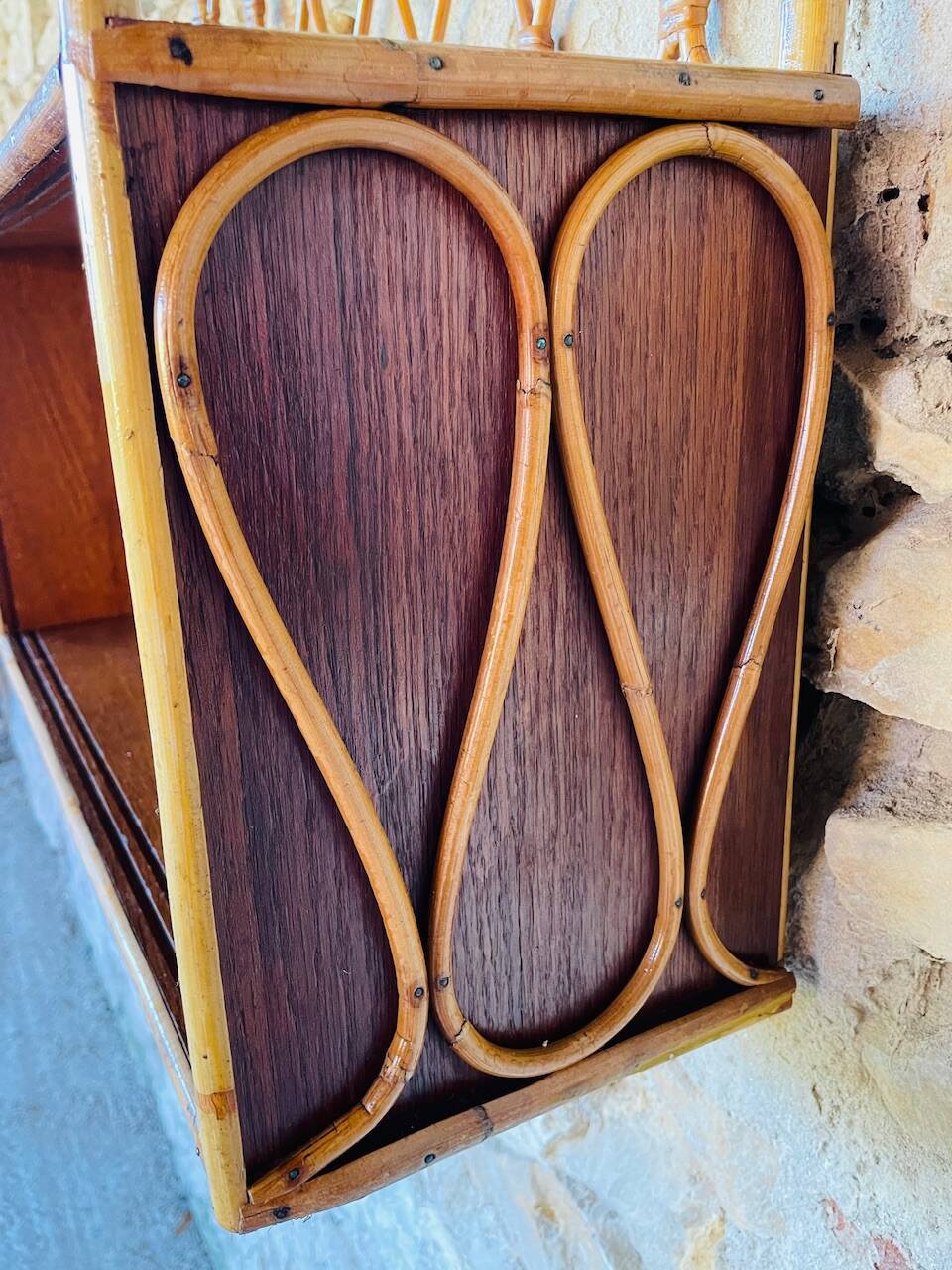 Vintage rattan and bamboo wall shelf with glass door cabinet, 1960s