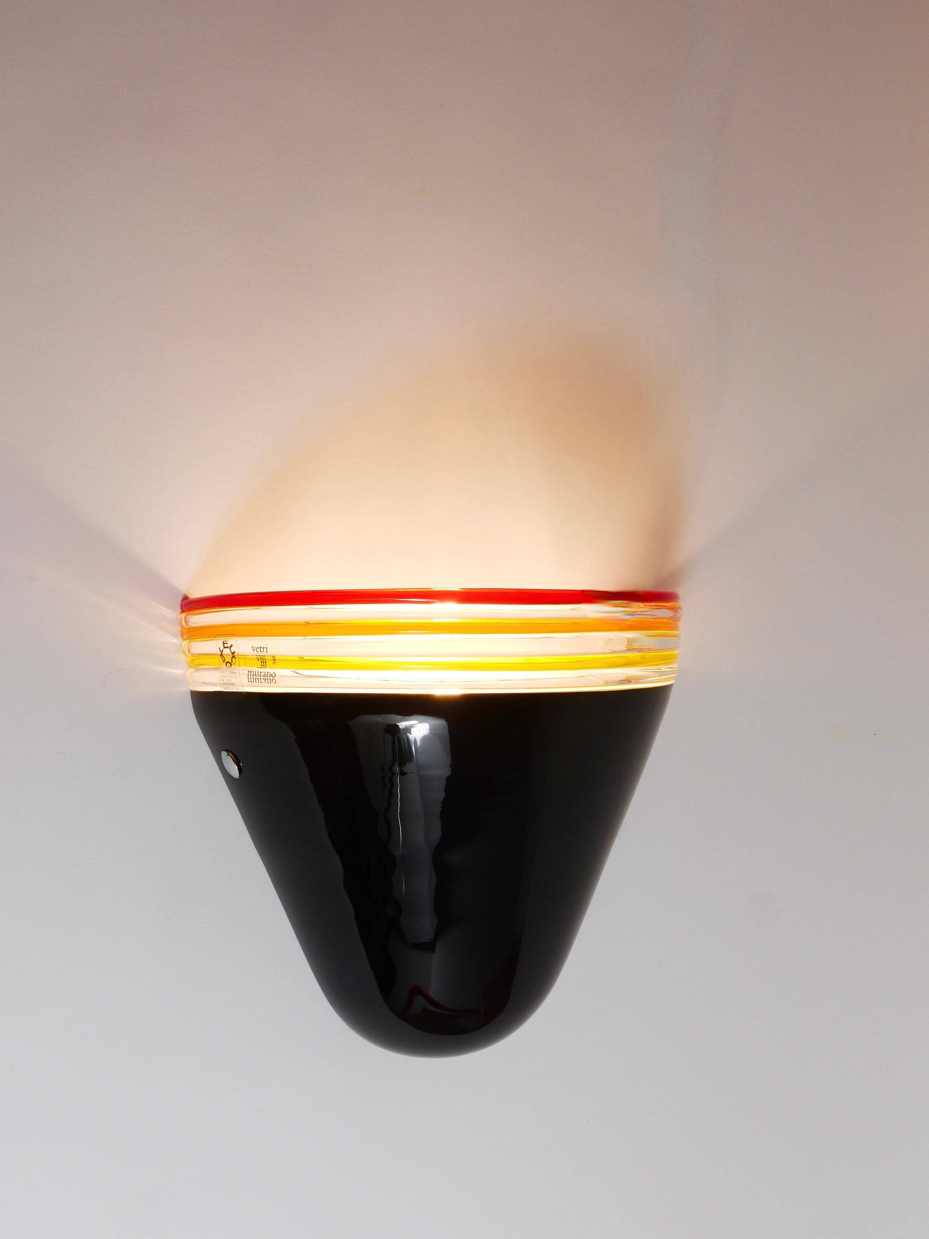 Lampe Appliquée Murale Febo Roberto Pamio, Verre de Murano Noir, Leucos, Italie, Années 1980