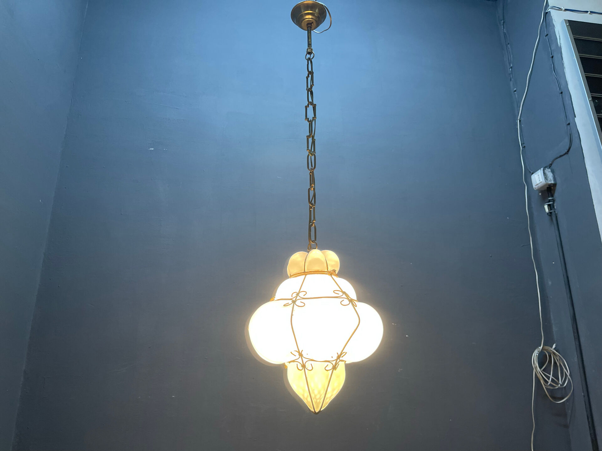 Murano Opaline Glass Pendant Light in Wrought Iron Frame, Italy, Mid-C