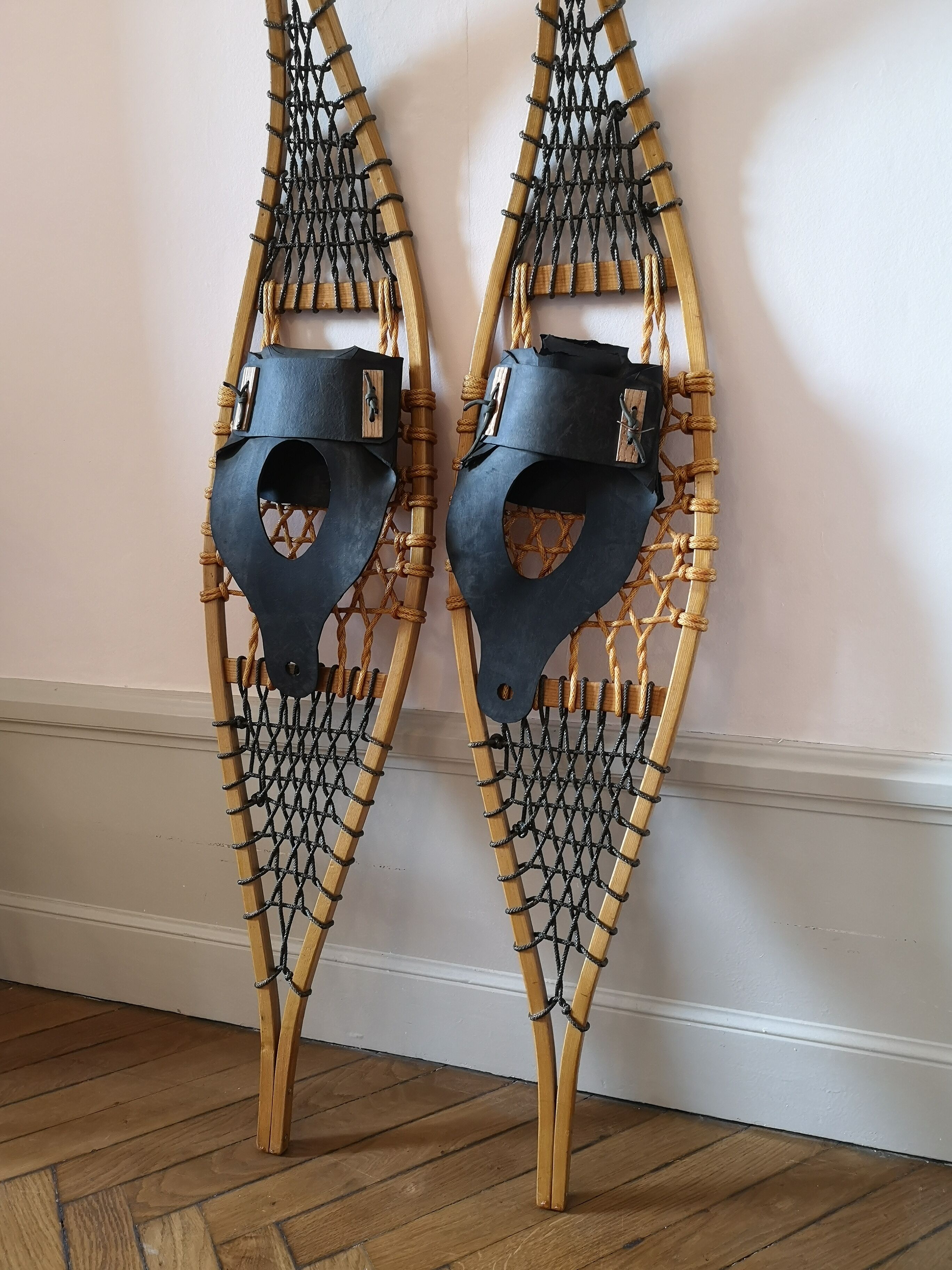 Pair of antique wooden snowshoes, vintage, 155 cm