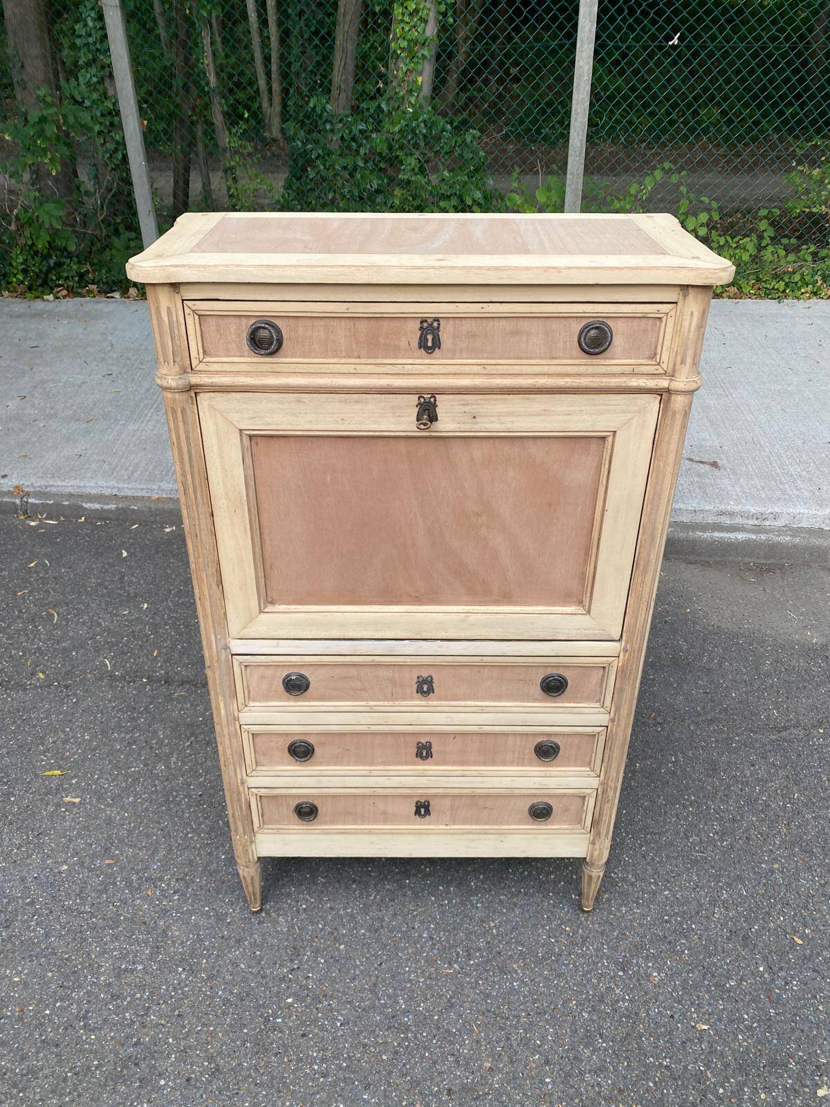 Secretary Louis XVI in stripped solid pine with a drop-down front and red leather, 1950.