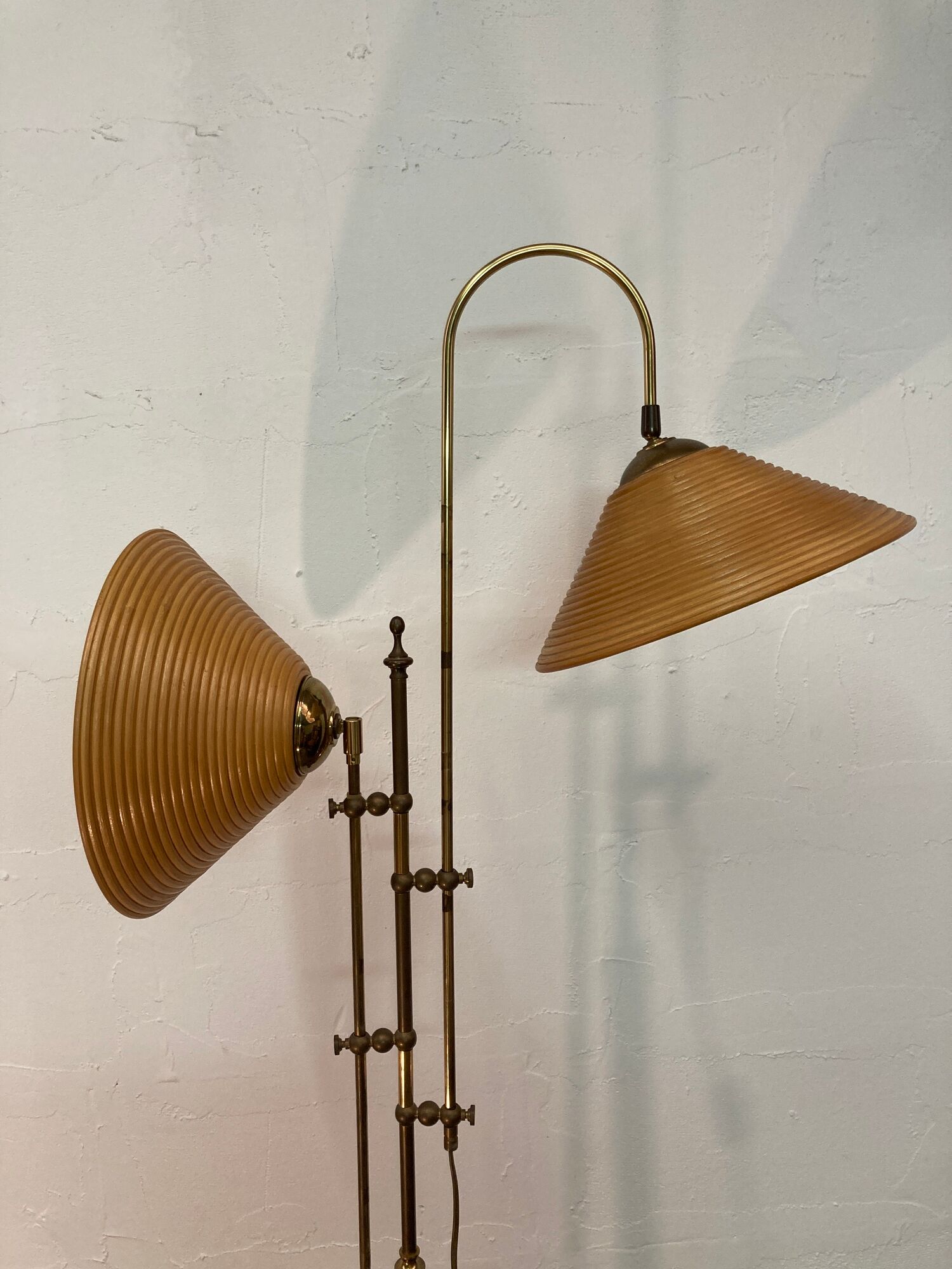 Bamboo rattan and brass pencil or split reed floor lamp, Italy 1980s