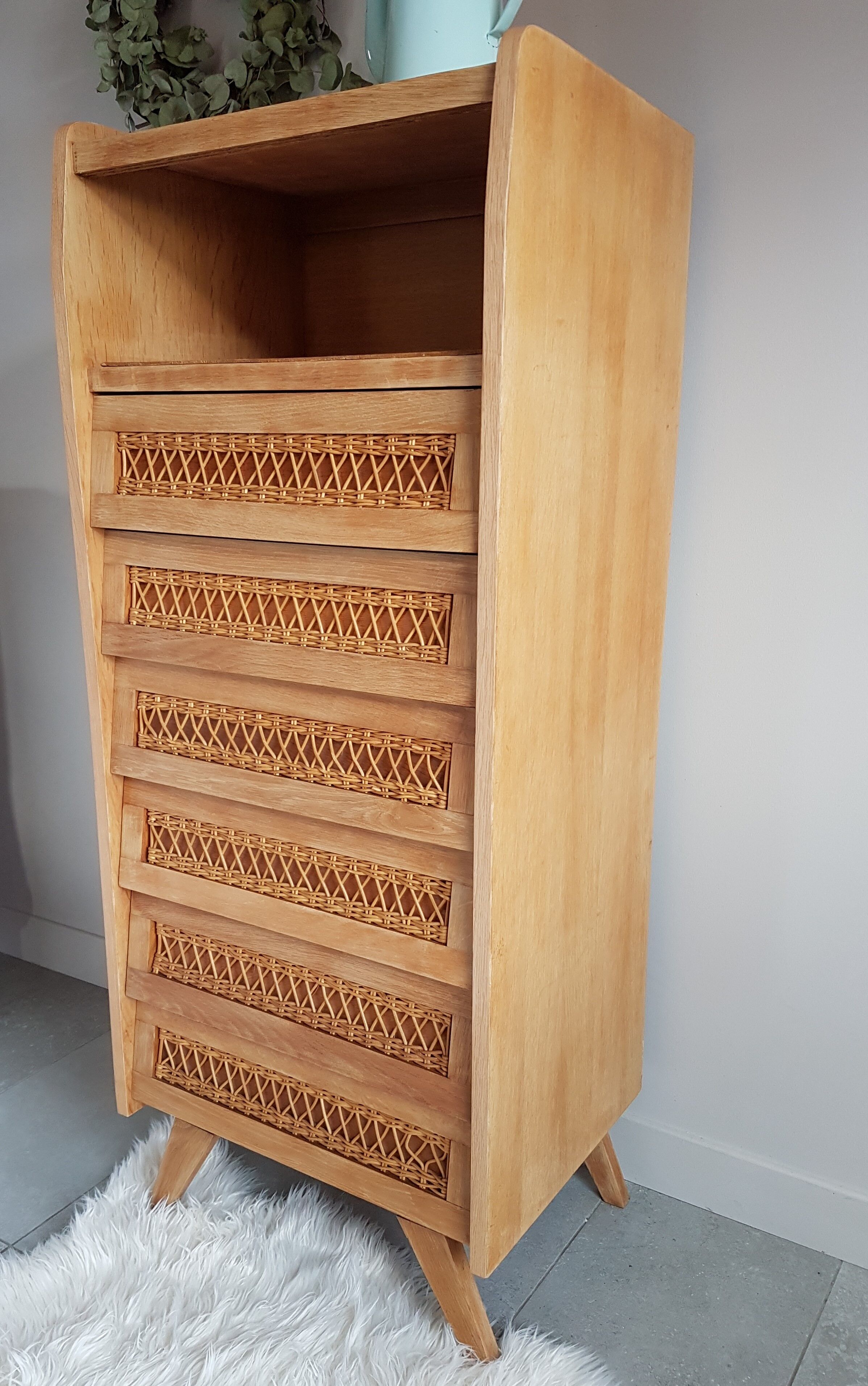 Wood and rattan restored chest of drawers