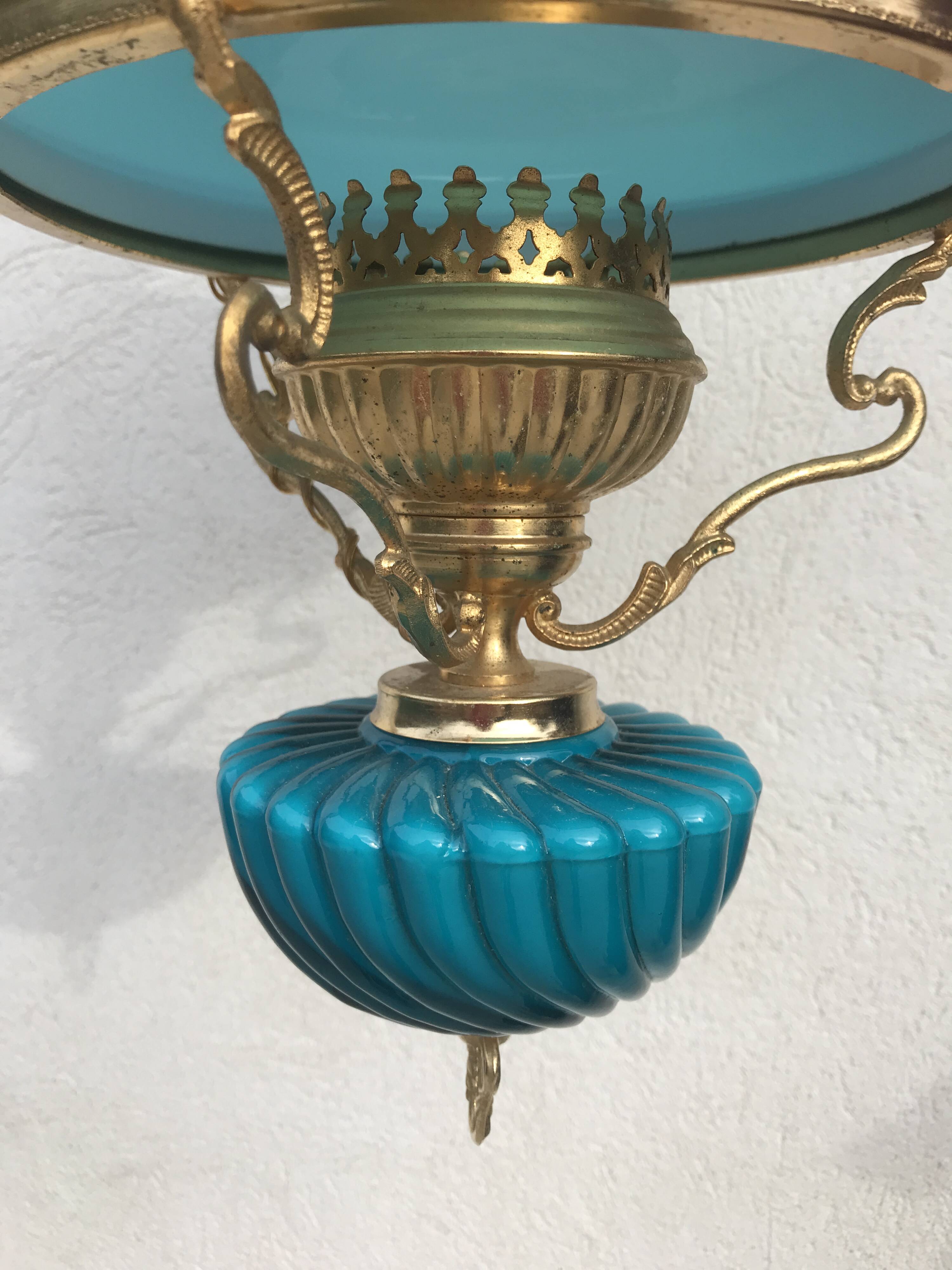 Pendant light in turquoise green opaline & brass
