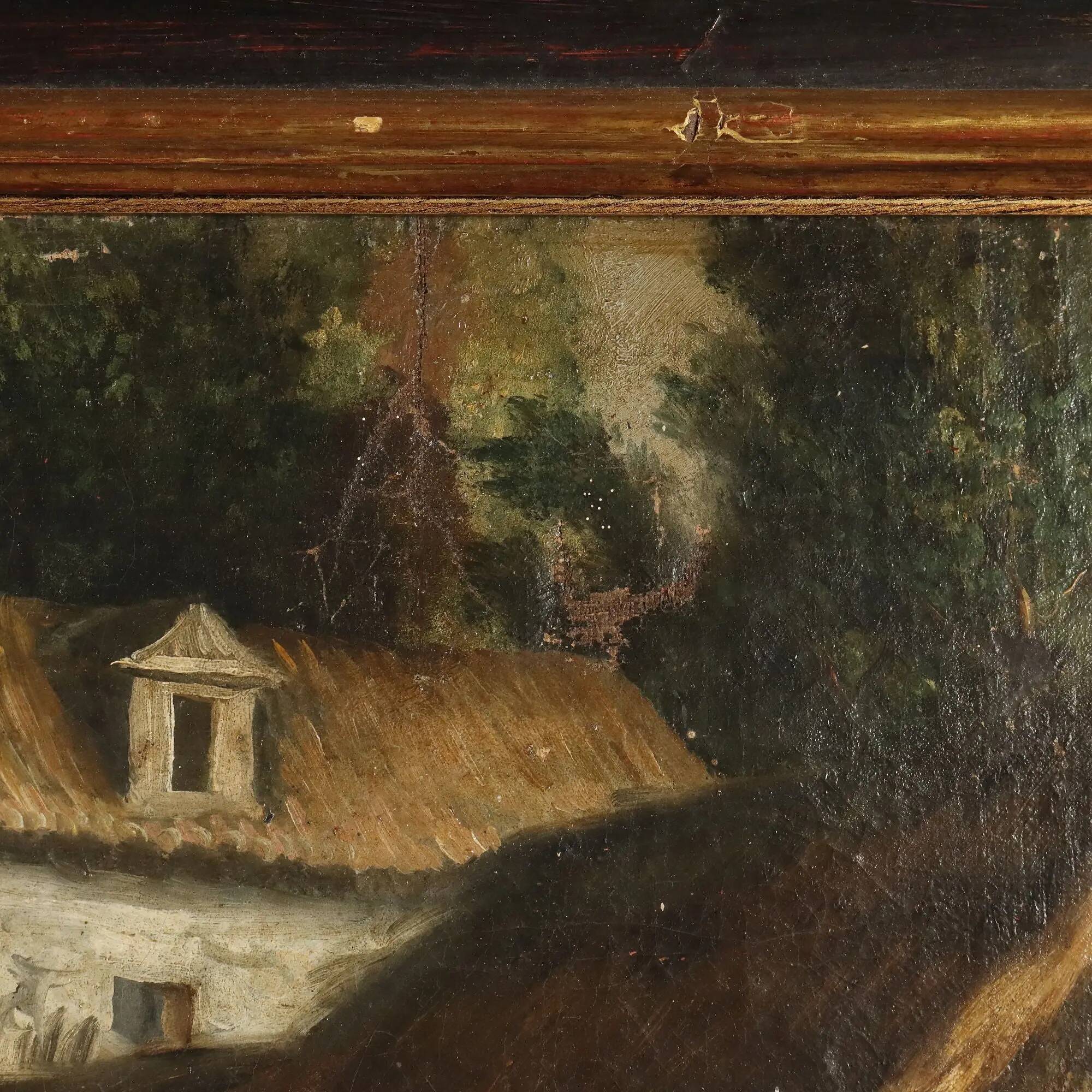 Ancient painting of a bucolic landscape, oil on canvas, Europe, 19th century.
