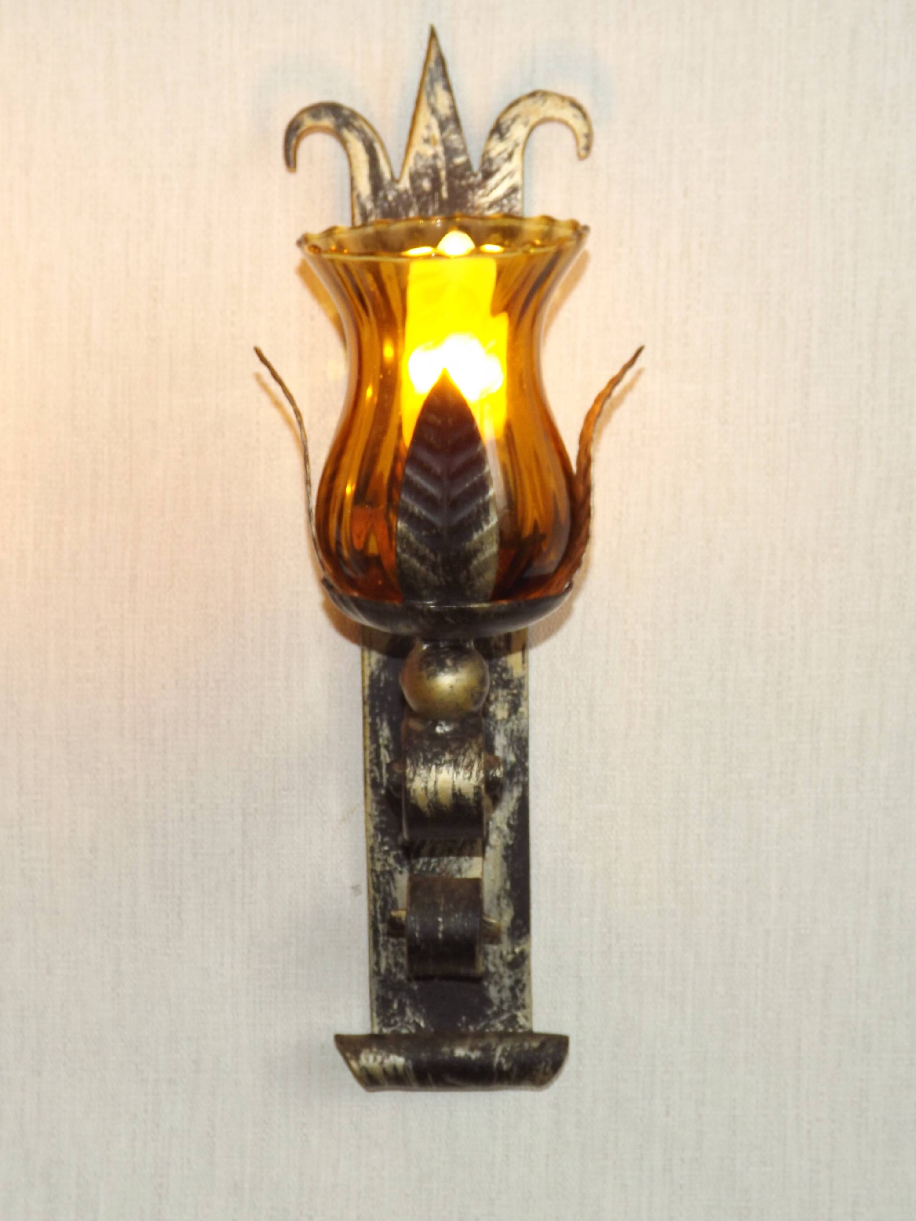 Pair Hand Forged Wrought Iron Medieval Style Wall Lights Amber Glass Shades