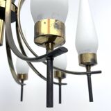 Mid-Century 8 lights brass and opaline glass chandelier. Italy 1950s