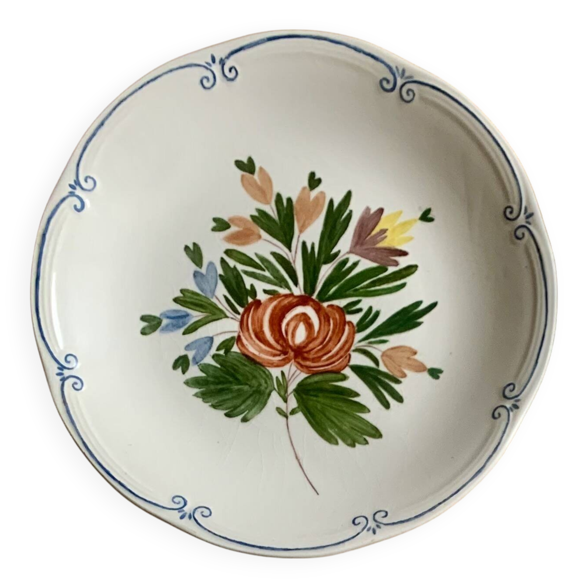 Gien Vintage Plate with Floral Pattern and Blue Border
