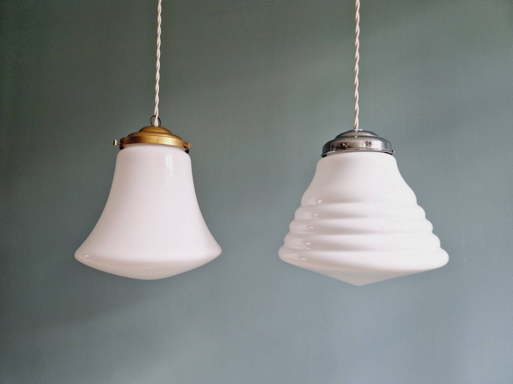 Art Deco conical pendant light in white opaline, 1920s-30s
