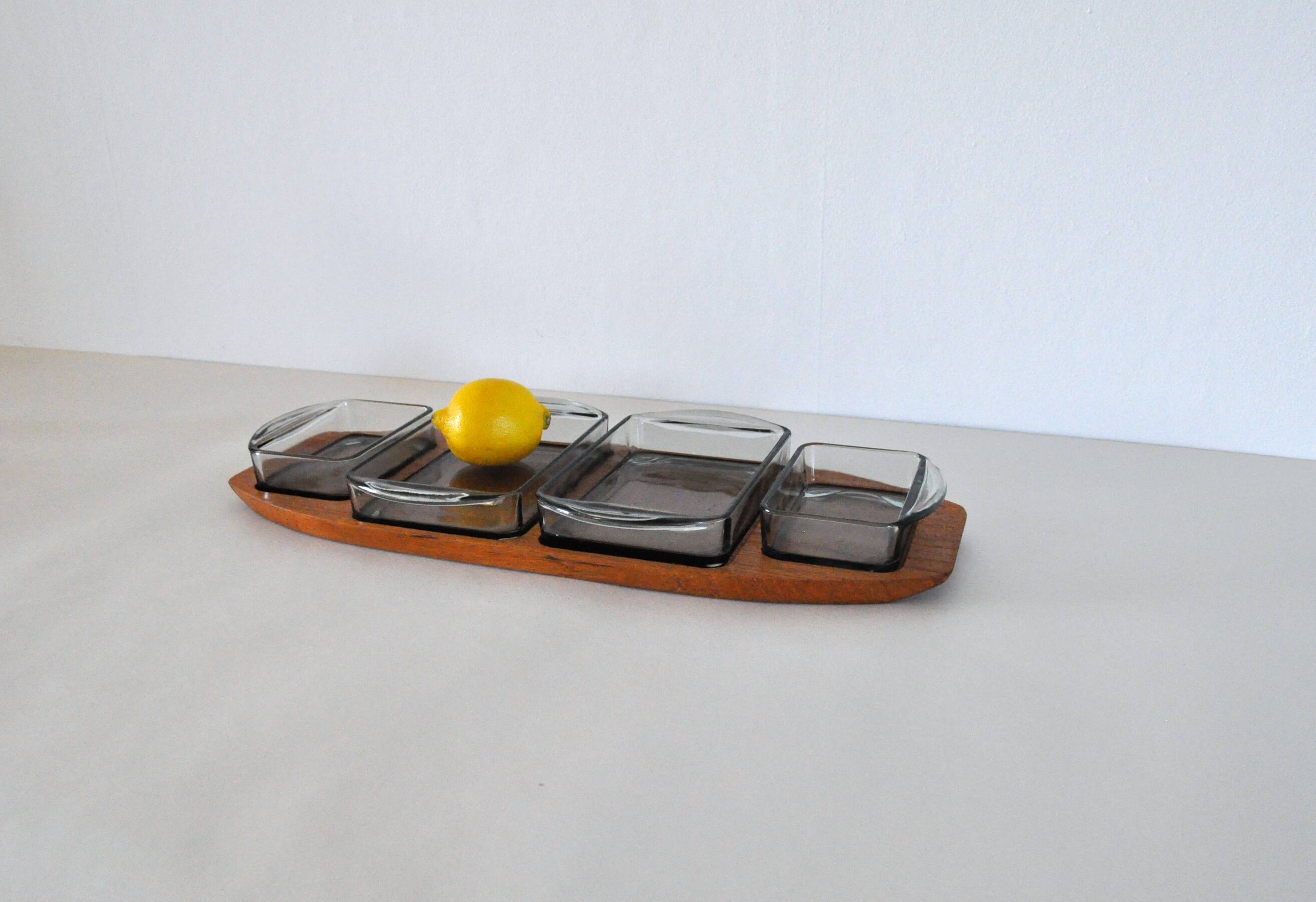Danish Modern Teak Serving Tray with Glass Bowls, Denmark, 1960s