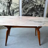 Italian dining table with sculptural beech base and pink marble, 1950s