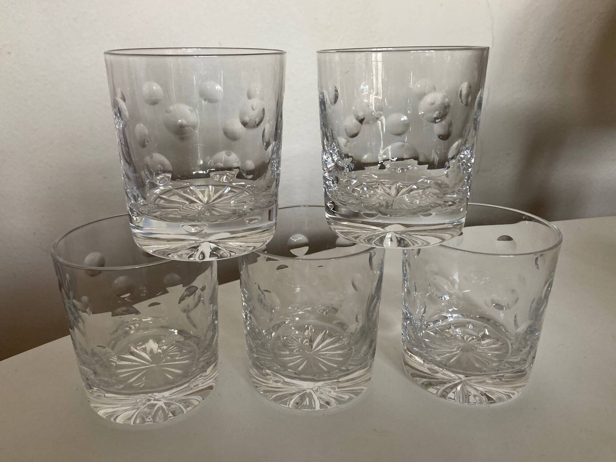 Set of 5 crystal whiskey tumblers giving polka dot cut 1970