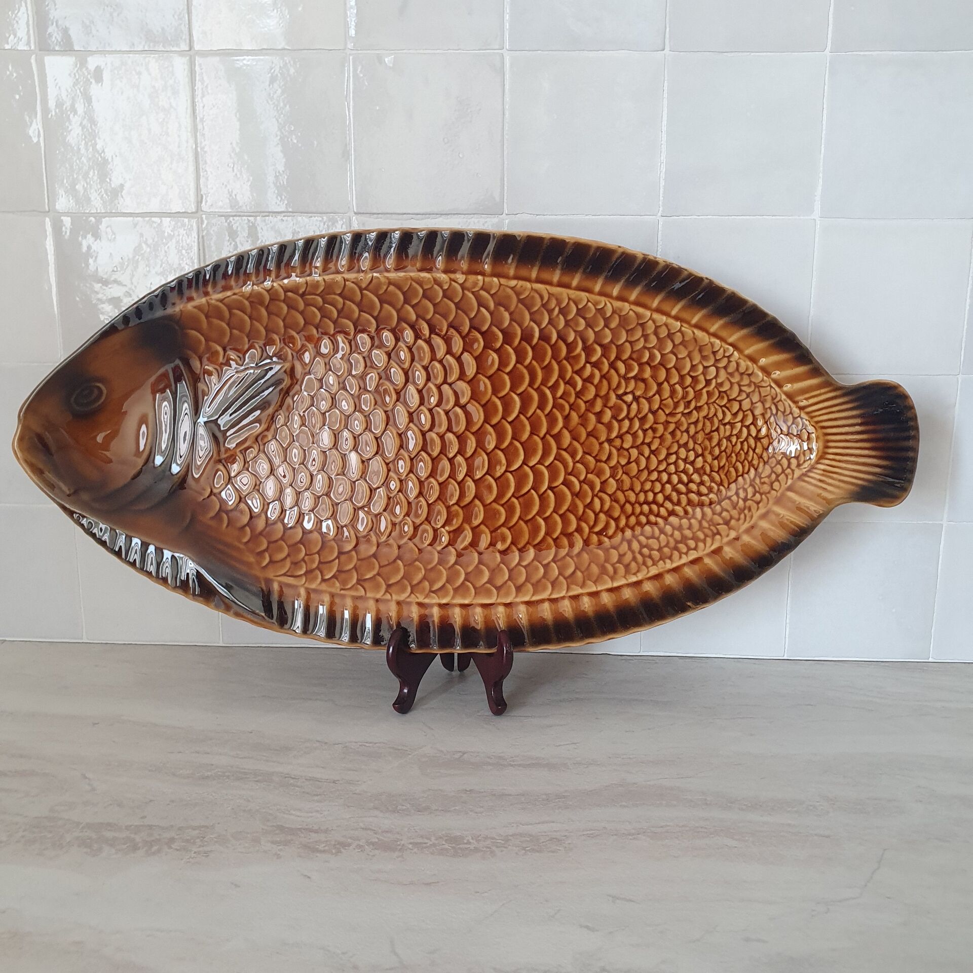 Sarreguemines / Large fish-shaped serving platter in Barbo ceramic
