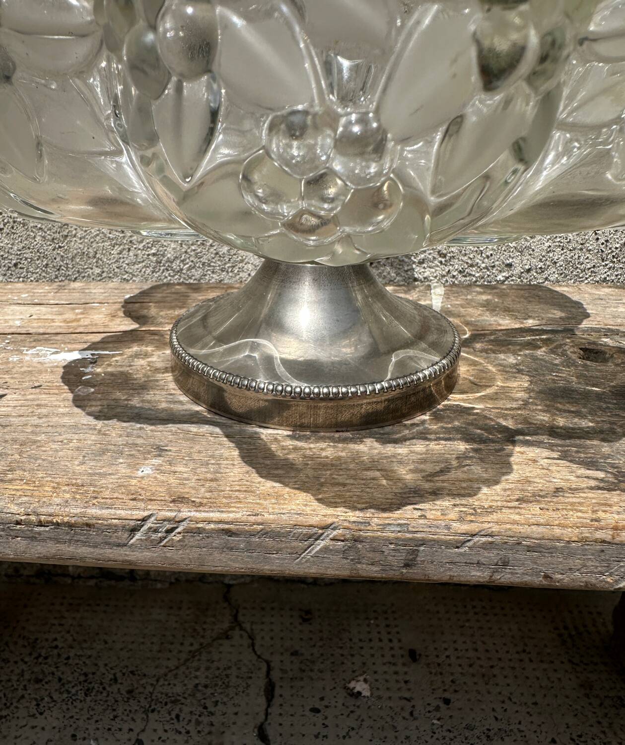 Vintage crystal and moulded glass fruit bowl, metal base.