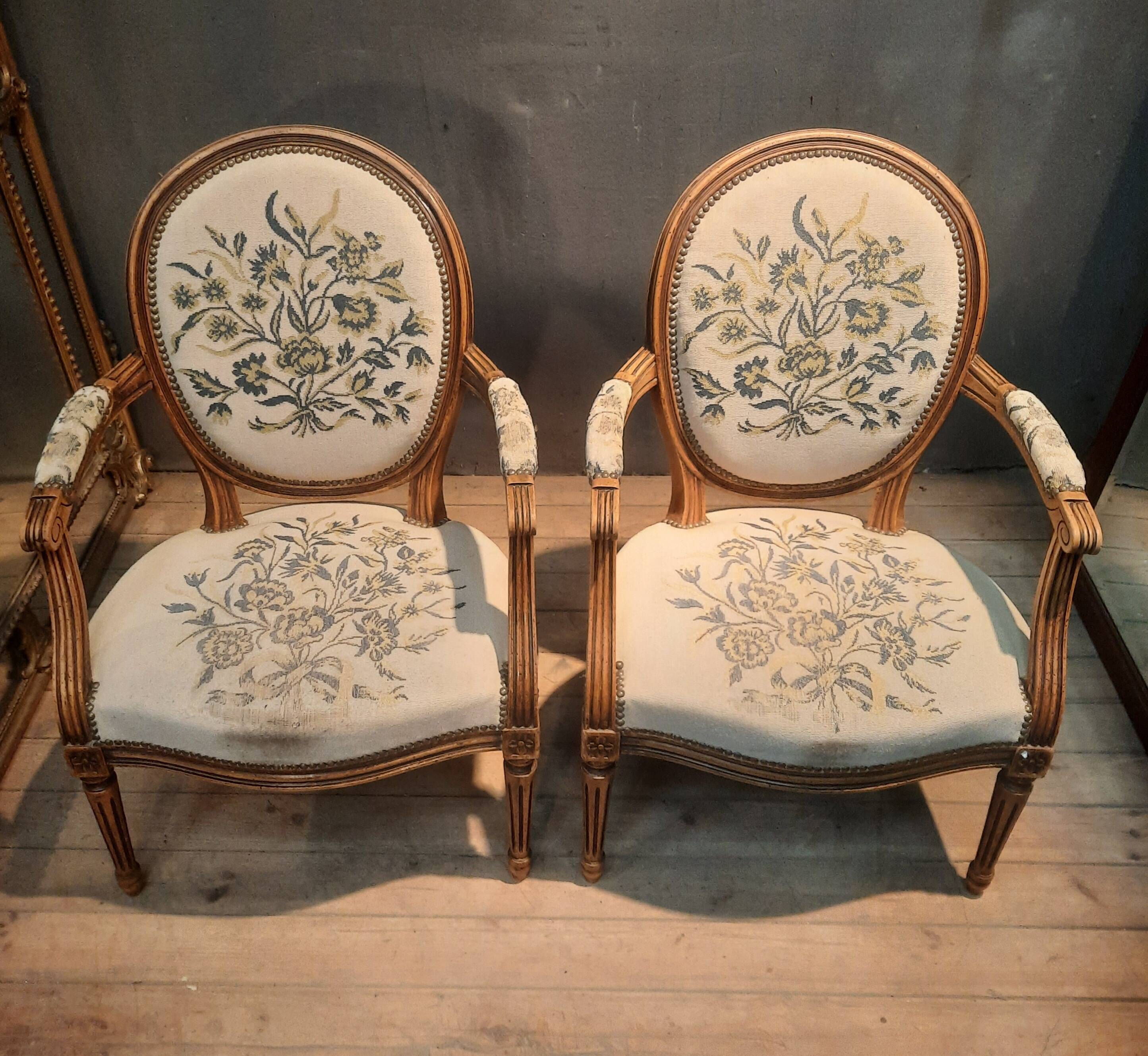 Pair of Louis XV style medallion armchairs.