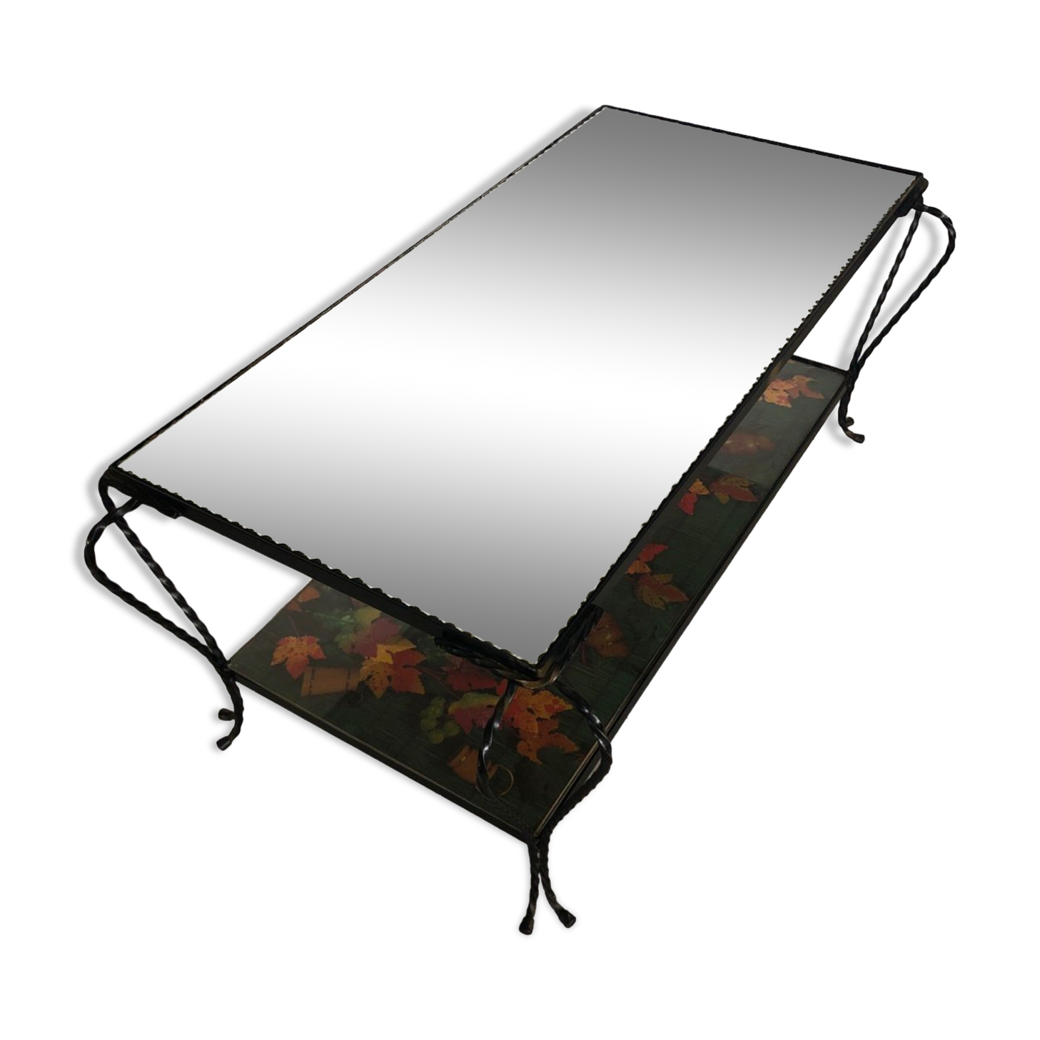 Vintage wrought iron coffee table with mirror and glass top