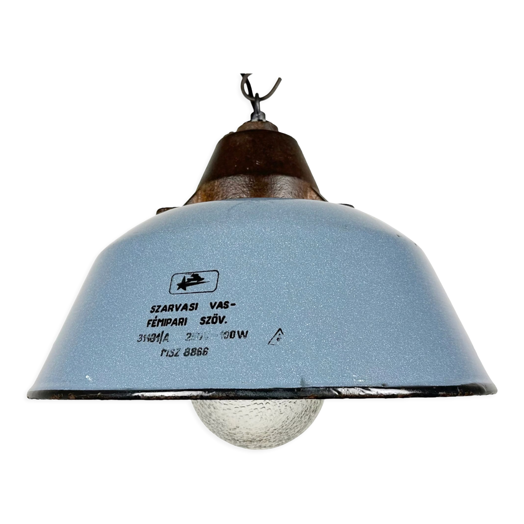 Industrial Grey Enamel and Cast Iron Pendant Light with Glass Cover, 1960s
