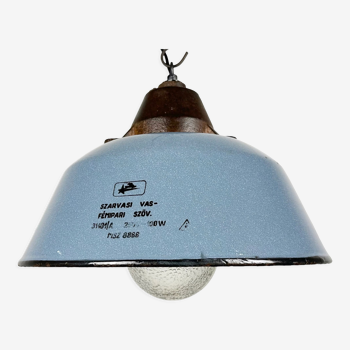 Suspension industrielle en émail gris et fonte avec couvercle en verre, années 1960