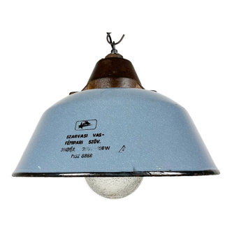 Suspension industrielle en émail gris et fonte avec couvercle en verre, années 1960