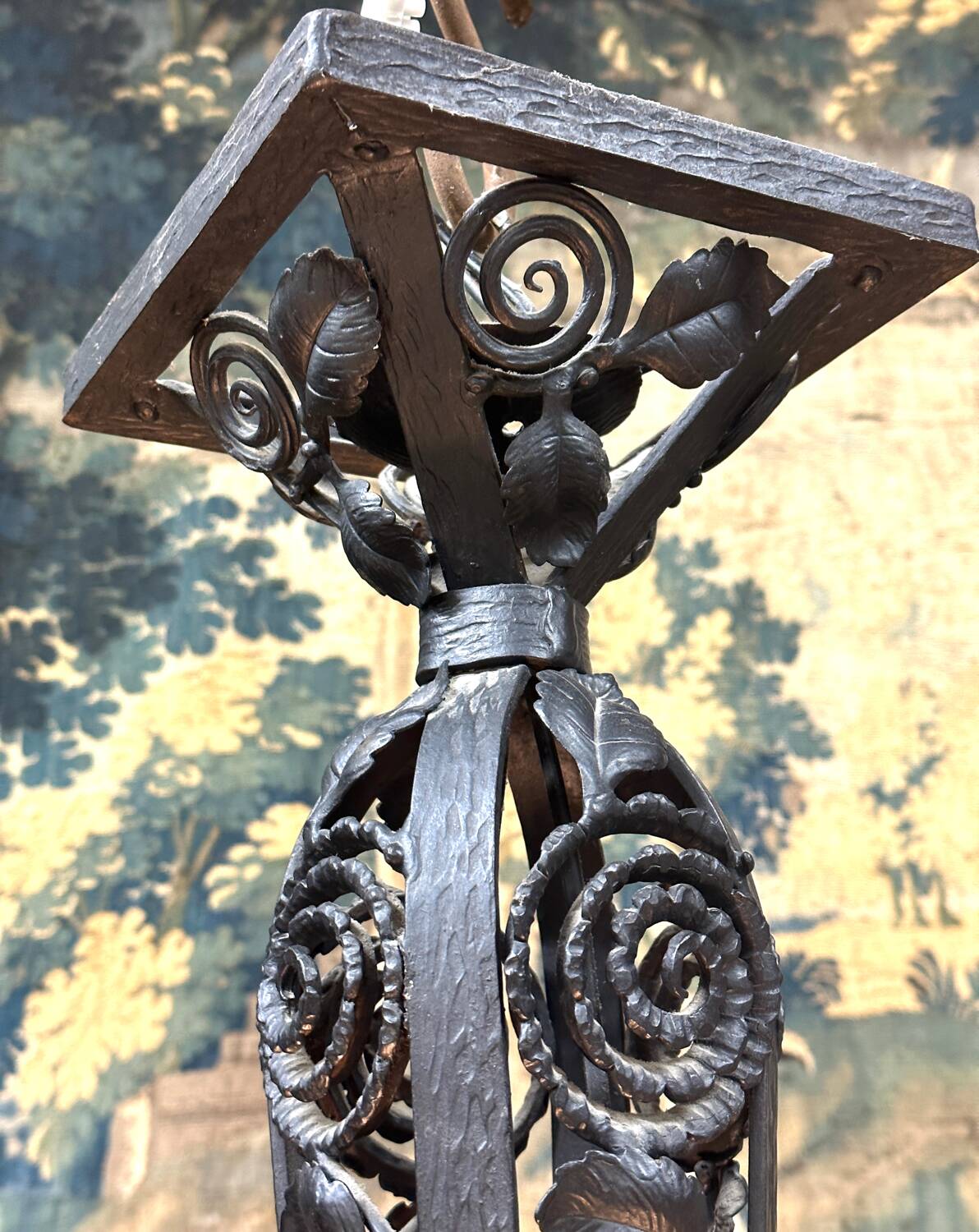 Degué - art deco period molded glass and wrought iron chandelier