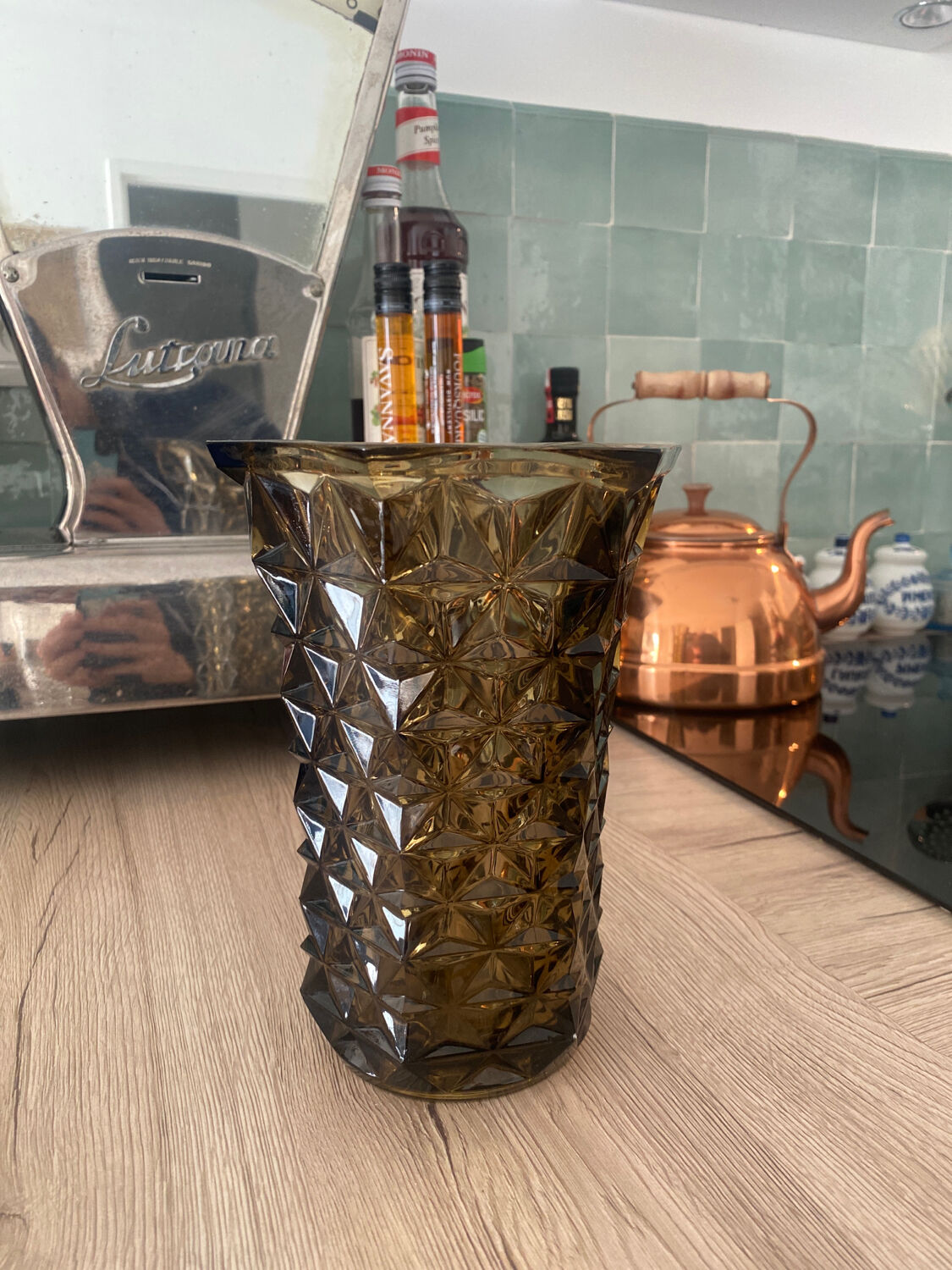 Smoked black chiseled glass vase